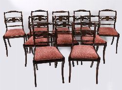 SET OF EIGHT CORK REGENCY SIMULATED ROSEWOOD AND BRASS INLAID DINING CHAIRS