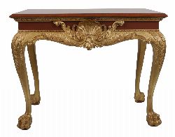 PAIR OF IRISH MAHOGANY AND GILT SCALLOP-CARVED CONSOLE TABLES