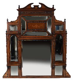 LARGE 19TH-CENTURY ROSEWOOD AND MARQUETRY OVERMANTEL MIRROR