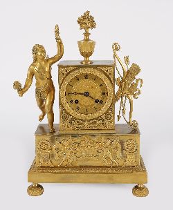 FRENCH EMPIRE ORMOLU MANTEL CLOCK WITH CLASSICAL MAIDEN AND RICH FIGURAL DECORATION