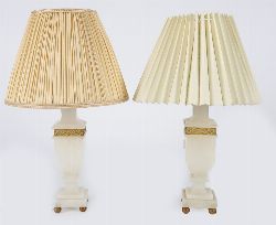 PAIR OF EDWARDIAN ALABASTER AND ORMOLU TABLE LAMPS WITH SHADES