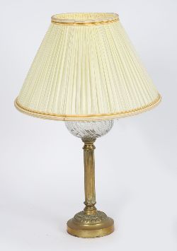 19TH-CENTURY BRASS AND GLASS TABLE LAMP WITH PLEATED SHADE