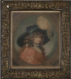 19TH-CENTURY COLOUR ENGRAVING, YOUNG GIRL IN FEATHERED HAT