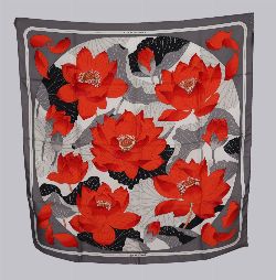 HERMES SILK SCARF WITH RED ORCHID DESIGN